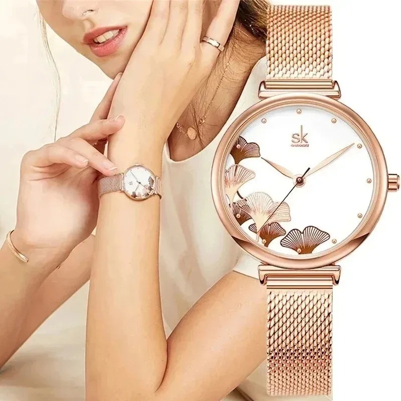 Stainless Mesh Band - Luxus Damen Uhr mit Ginkgo-Motiv, elegant,
