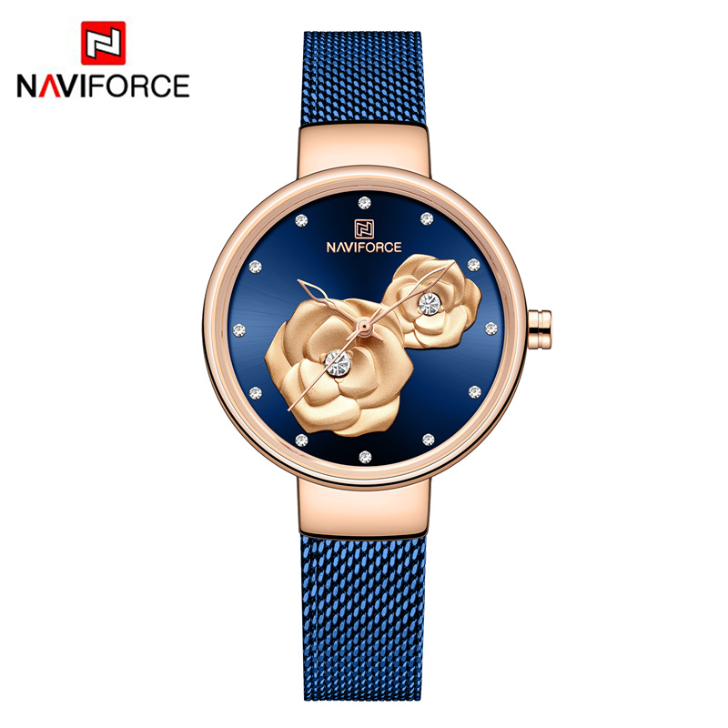 Stainless Mesh Band - NAVIFORCE Luxus-Damenuhr-Set mit Stahlgeflechtband, kreatives Design,